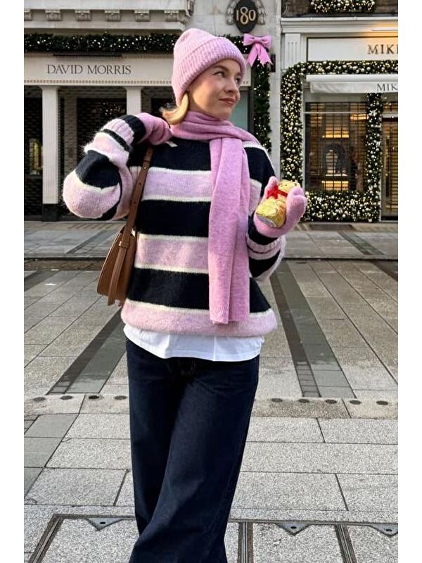 Madmext Pembe Bisiklet Yaka Çizgili Triko Kazak Mg2643