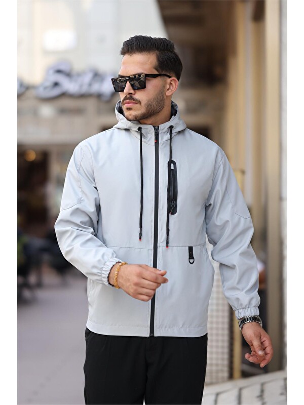 Oksit Rotta Fermuar Detaylı Cepli Su İtici Slim Fit Erkek Yağmurluk Kapüşonlu Mont