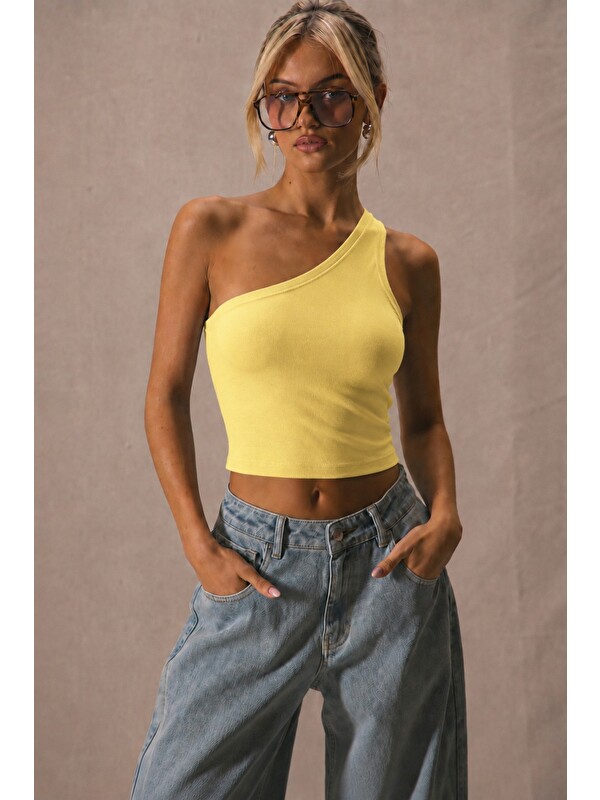 Tarz Cool Kadın Tek Omuz Crop Atlet Esnek Slim Fit Süprem Kumaş Asimetrik Yaka Bluz