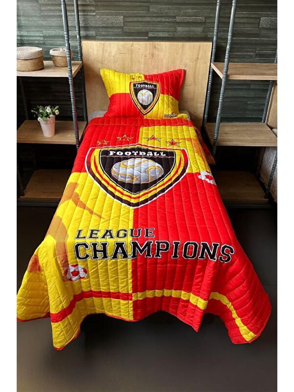 Çeyiz Diyarı Football Tek Kişilik Kapitoneli Yatak Örtüsü Sarı Kırmızı 180x240 cm