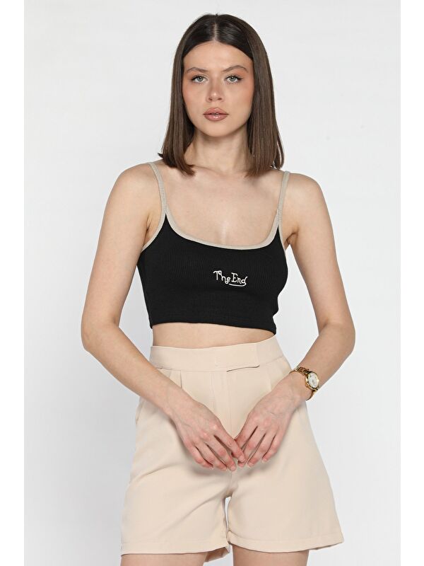 Gülseli İp Askılı Nakışlı Crop Top Kaşkorse Bluz (s-m-l Uyumludur)