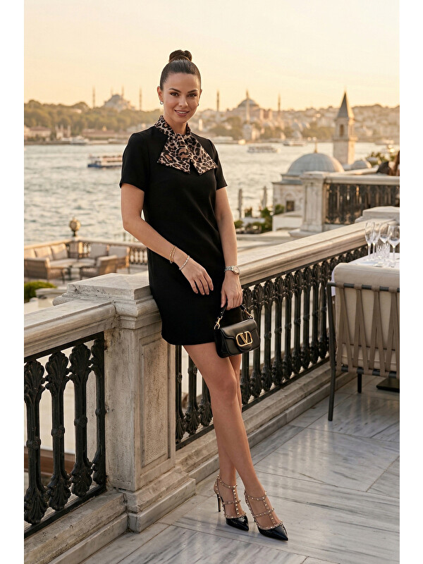 Lela Fular Yaka Mini Boy Kısa Kol Elbise 6525704