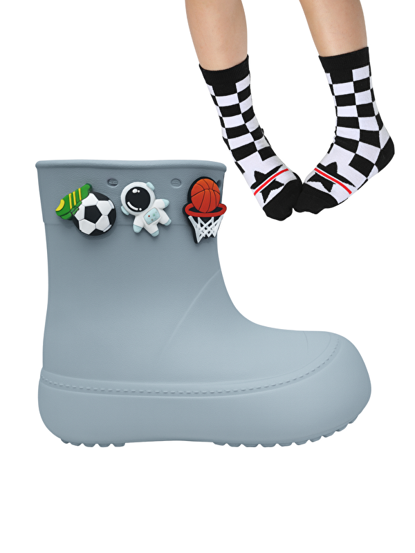 Gri Erkek Çocuk Yağmur Botu & Çorap Set - Görsel 2