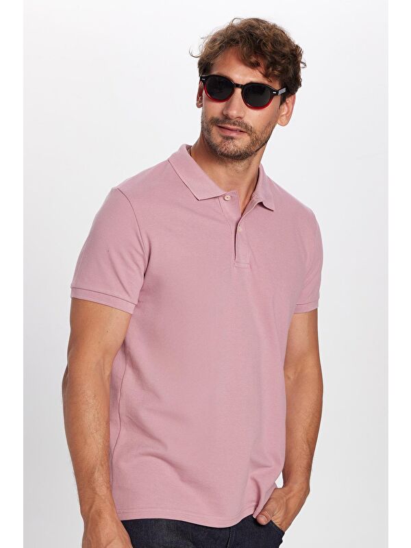 TUDORS Erkek Slim Fit Dar Kesim %100 Pamuk Gül Kurusu Polo Yaka Tişört