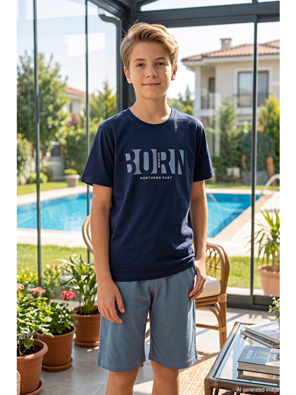 Remsa Genç Erkek Çocuk Kısa Kol Şortlu Pijama Takımı 4353 Lacivert