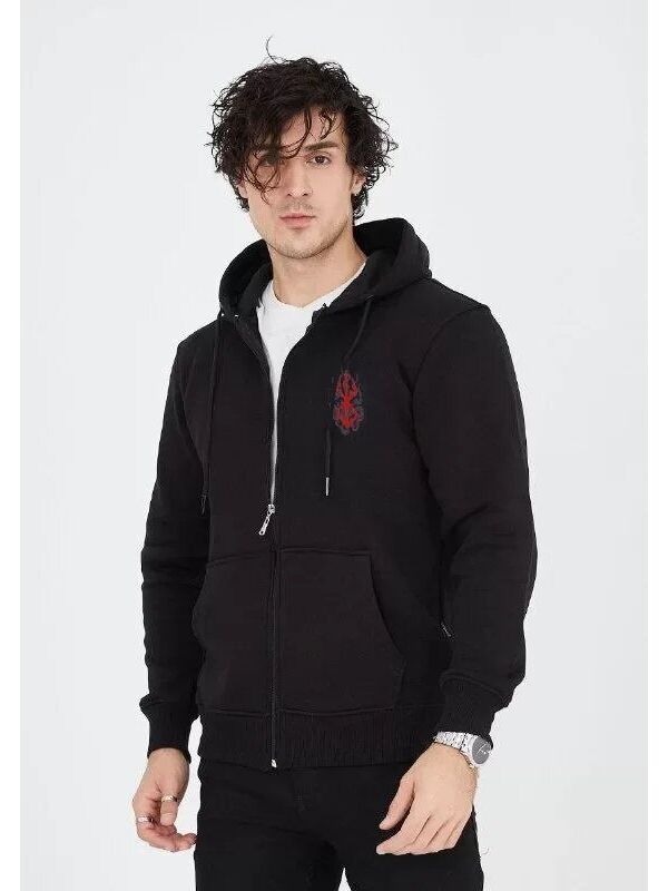 Jane's Unisex Baskılı Tam Fermuarlı Kapüşonlu SweatShirt - Siyah