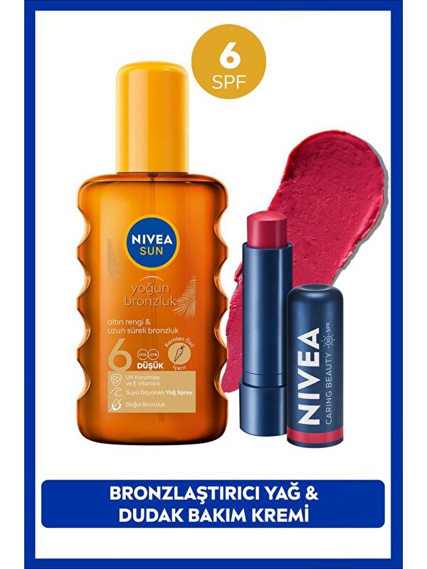 NIVEA SUN SPF6 Bronzlaştırıcı Güneş Yağı 200ml ve Kırmızı Renkli Nemlendirici Dudak Bakım Kremi