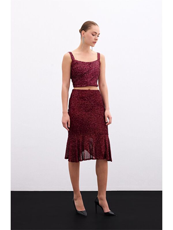 SATEEN Volanlı Pul Payetli Etek - Bordo