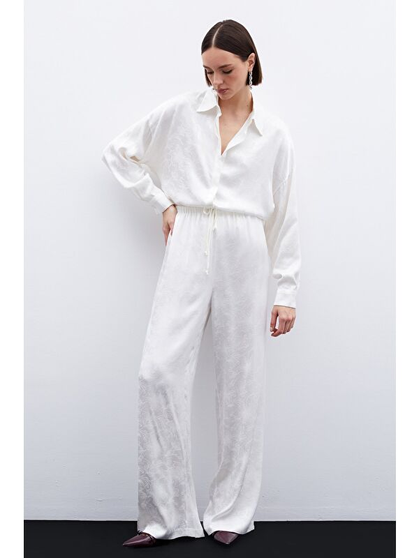 SATEEN Jakarlı Saten Pantolon - Ekru