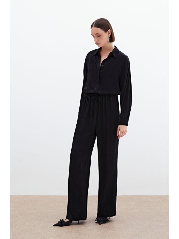 SATEEN Jakarlı Saten Pantolon - Siyah