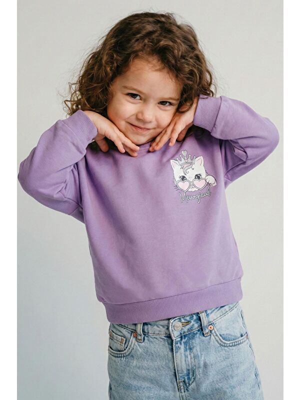 Breeze Kız Çocuk Sweatshirt Minik Taçlı Kedi Prenses Baskılı Sırt Baskı Detaylı Lila (1.5-5 Yaş)