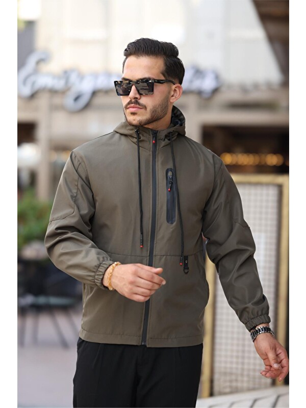 Oksit Rotta Fermuar Detaylı Cepli Su İtici Slim Fit Erkek Yağmurluk Kapüşonlu Mont
