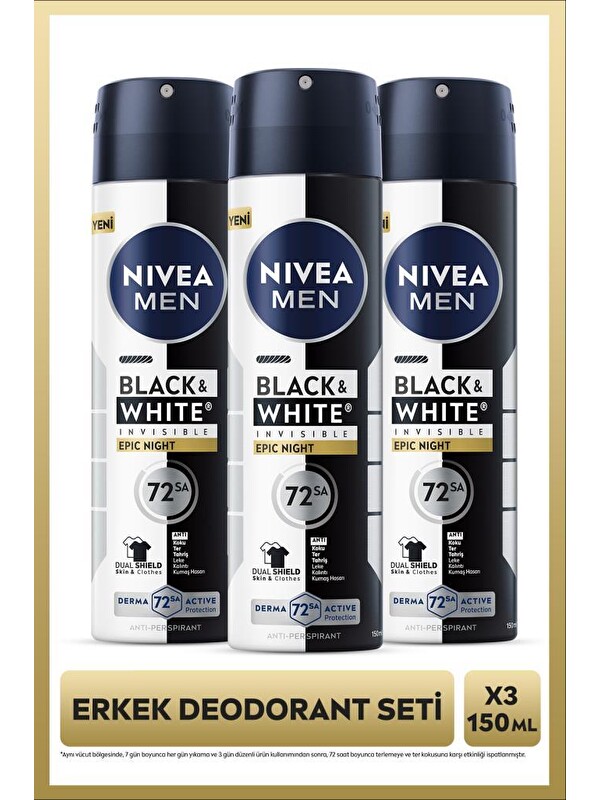 NIVEA MEN Erkek Sprey Deodorant Black&White Epic Night 150ml, 72 Saat Terleme Karşıtı, Alkolsüz, X3 Adet