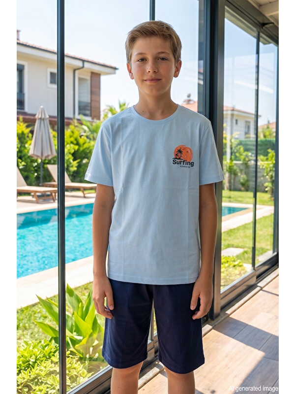 Remsa Genç Erkek Çocuk Kısa Kol Şortlu Pijama Takımı 4357 Açık Mavi