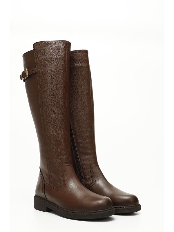 KIZIL KAHVERENGİ Hakiki Deri Yuvarlak Burun Kauçuk Taban Topuklu Fermuarlı Kadın Çizme 44570 - Görsel 3