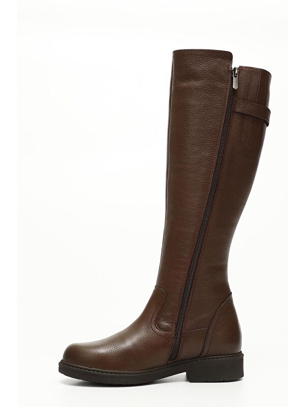 KIZIL KAHVERENGİ Hakiki Deri Yuvarlak Burun Kauçuk Taban Topuklu Fermuarlı Kadın Çizme 44570 - Görsel 4