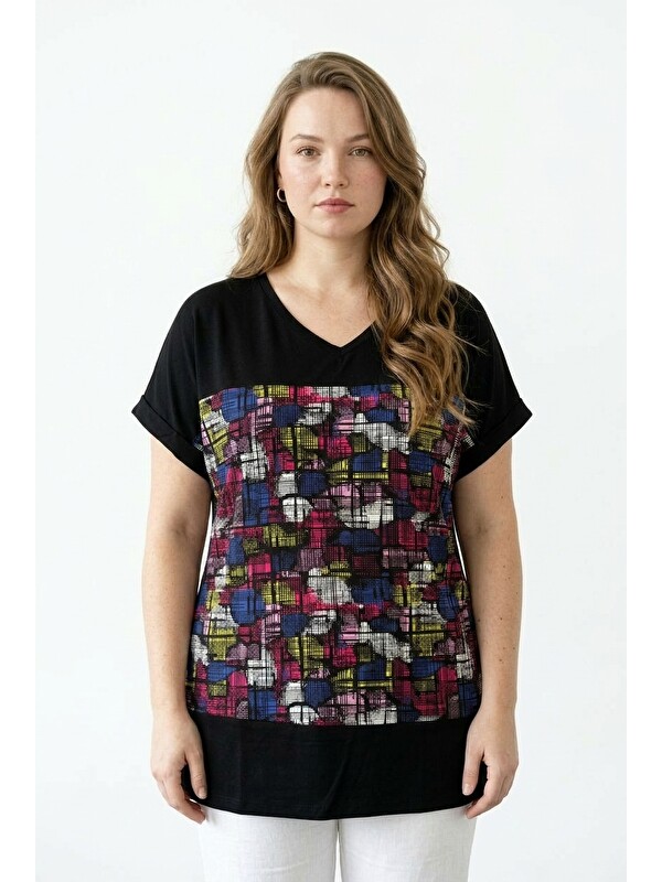 Stil Diva V Yaka Renk Bloklu T-shirt
