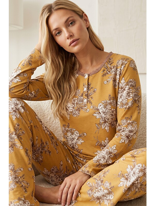 Siyah İnci Düğmeli Pamuklu Elastanlı Örme Pijama Takım26240350