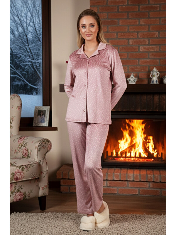 Remsa Kadın Önü Düğmeli Kadife Pijama Takımı 25361 Pudra