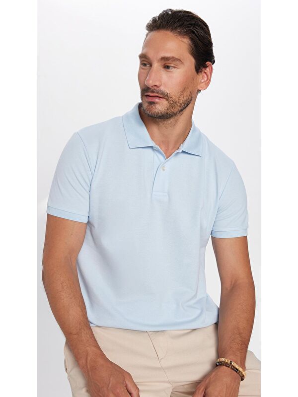 TUDORS Erkek Slim Fit Dar Kesim %100 Pamuk Mavi Polo Yaka Tişört