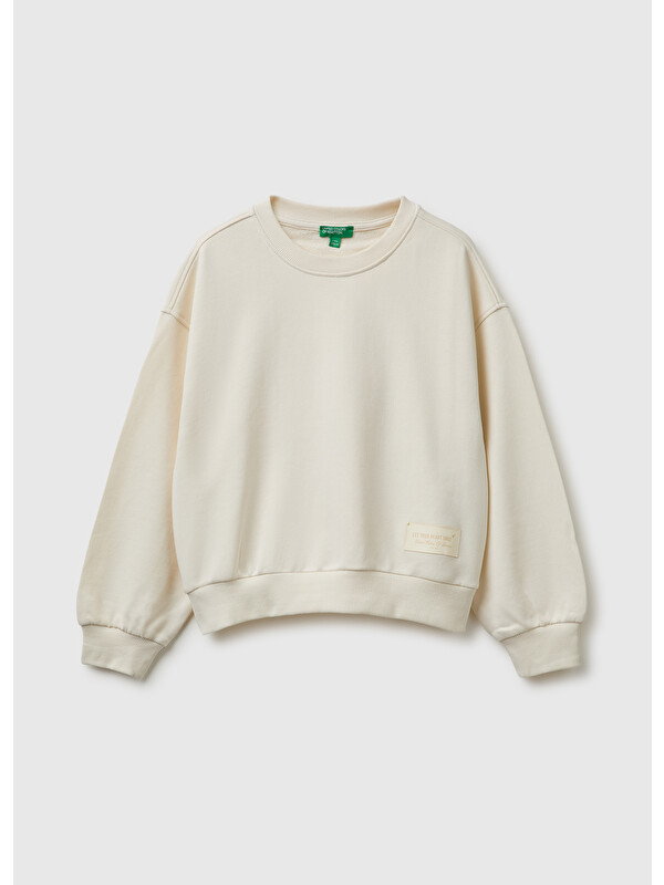 United Colors Of Benetton Kız Çocuk Ekru Ribanalı Uzun Kollu Bisiklet Yaka Sweatshirt