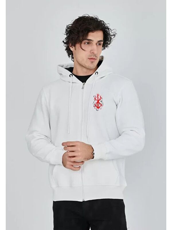 Jane's Unisex Baskılı Tam Fermuarlı Kapüşonlu SweatShirt - Beyaz