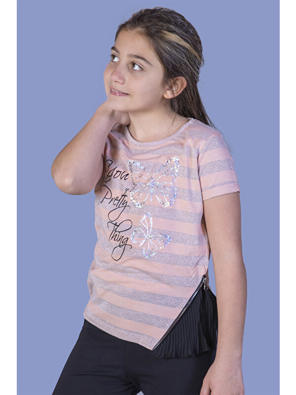 Toontoykids Kız Çocuk Çizgili Kelebek Baskılı Tişört