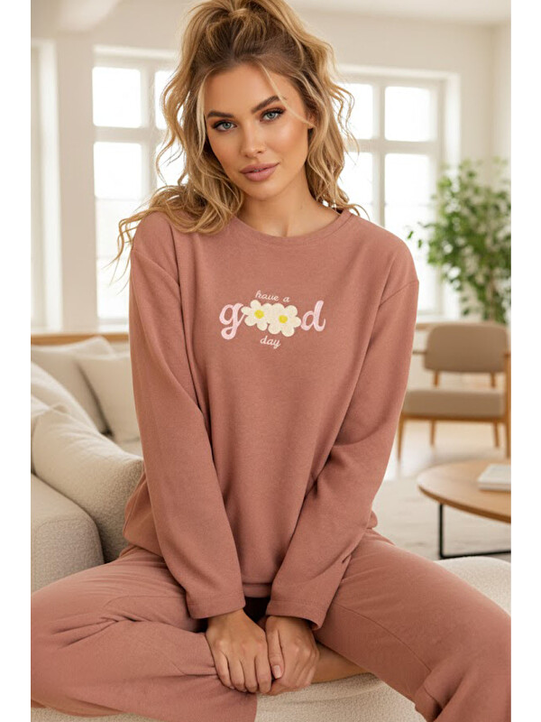 Siyah İnci pudra Nakışlı Havlu Kumaş Örme Pijama Takım25226008