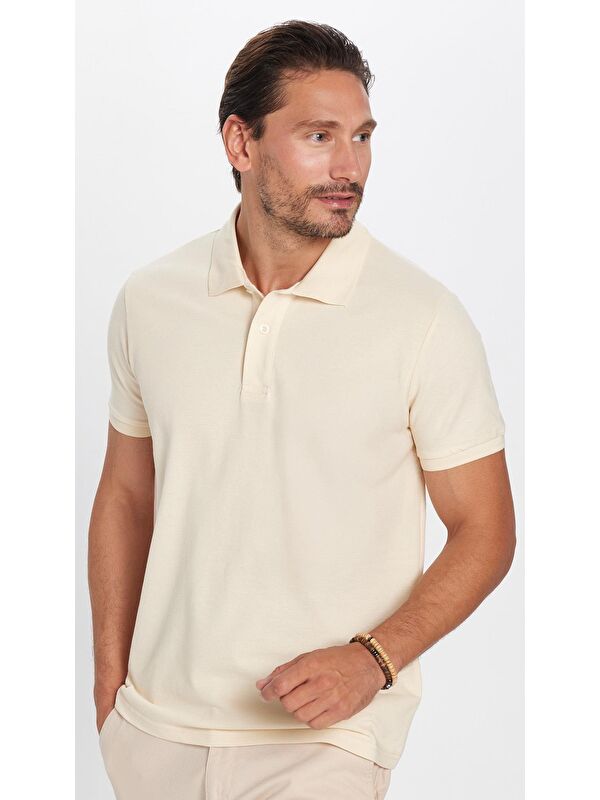 TUDORS Erkek Slim Fit Dar Kesim %100 Pamuk Bej Polo Yaka Tişört