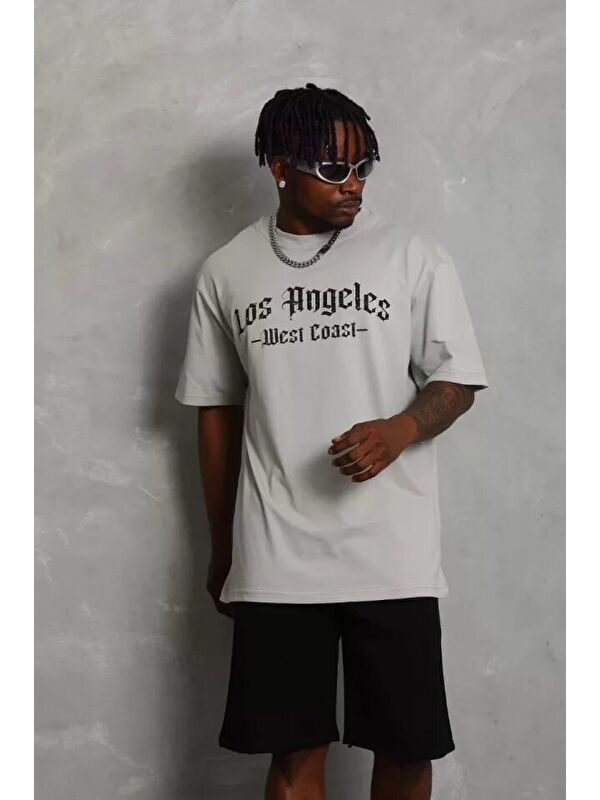 Jane's Unisex Oversize Baskılı Bisiklet Yaka T-Shirt - Gri