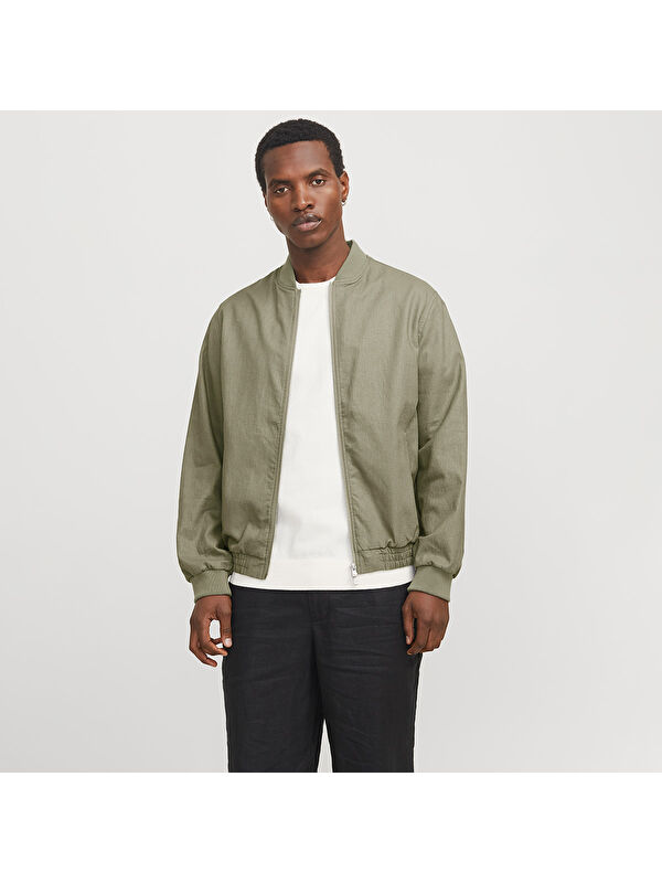 Jack & Jones Blaleister Linen Blend Bomber Erkek Haki Klasik Yaka Ceket