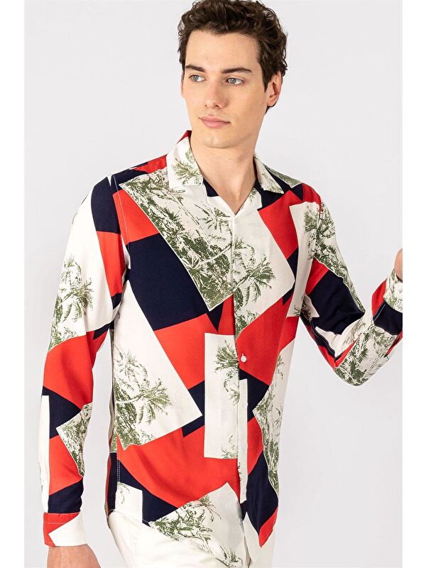 TUDORS Slim Fit Dar Kesim Uzun Kollu Baskılı Desenli Apaş Yaka Viskon Gömlek