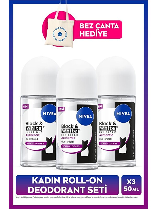 NIVEA Kadın Roll-on Deodorant Black&White Authentic 50ml,Terleme Karşıtı,Alkolsüz, X3 Adet, Çanta Hediye