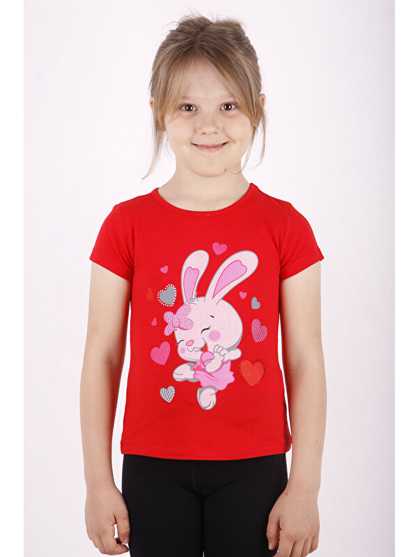 Toontoykids Kız Çocuk Kalpli Tavşan Baskılı Tişört