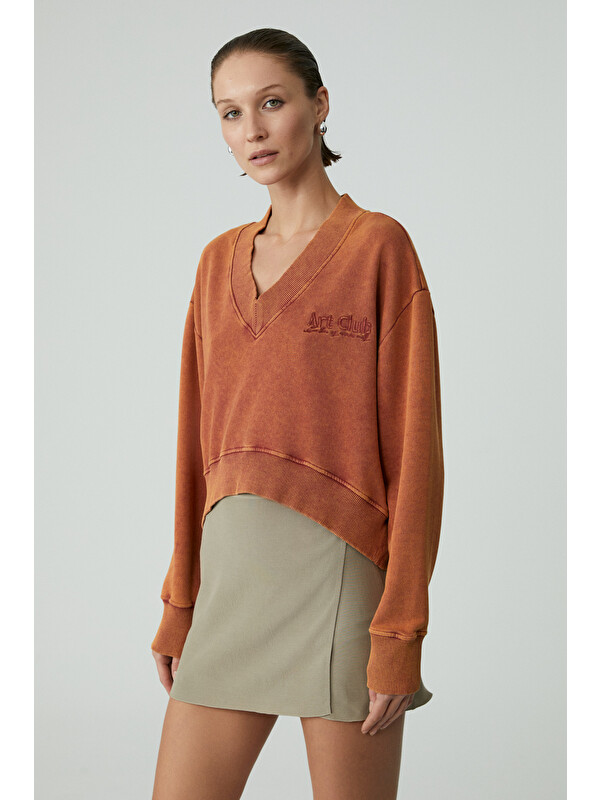 GRIMELANGE ANDREITA Kadın V Yakalı Asimetrik Oversize TURUNCU Sweatshirt