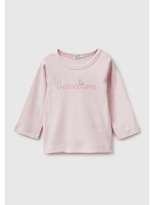 United Colors Of Benetton Bebek Toz Pembe Su Bazlı Logo Baskılı Omzu Gizli Çıtçıtlı Uzun Kollu T-Shirt