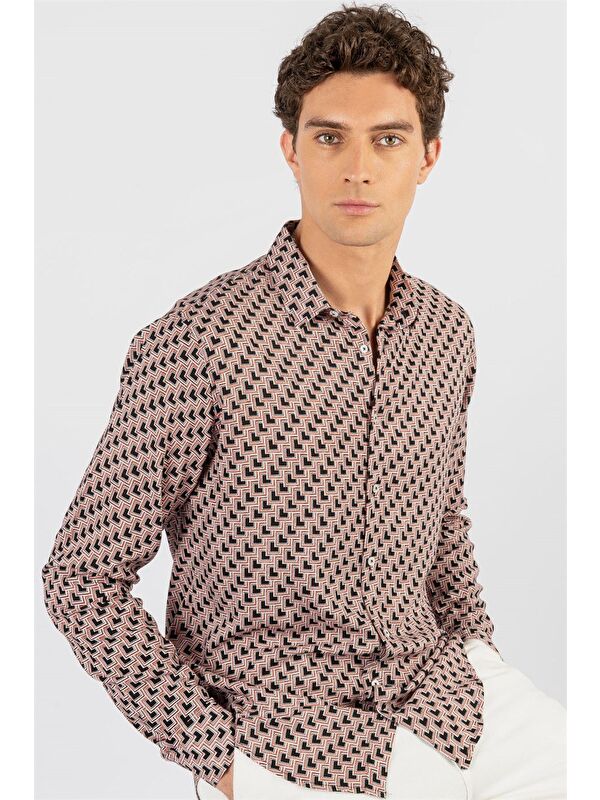 TUDORS Slim Fit Uzun Kollu Yazlık Baskılı Vıskon Erkek Gömlek