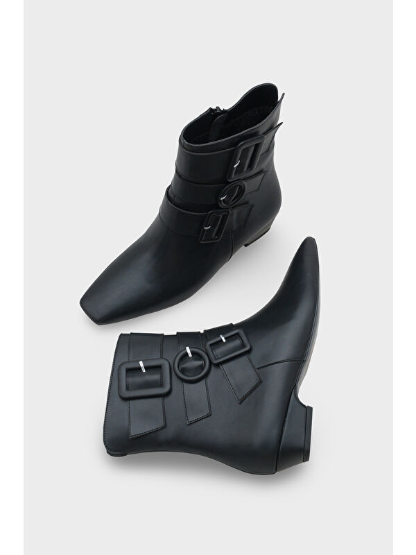 Shane Kısa Topuklu Yandan Fermuarlı Tokalı Küt Burun Kadın Bot - Görsel 4