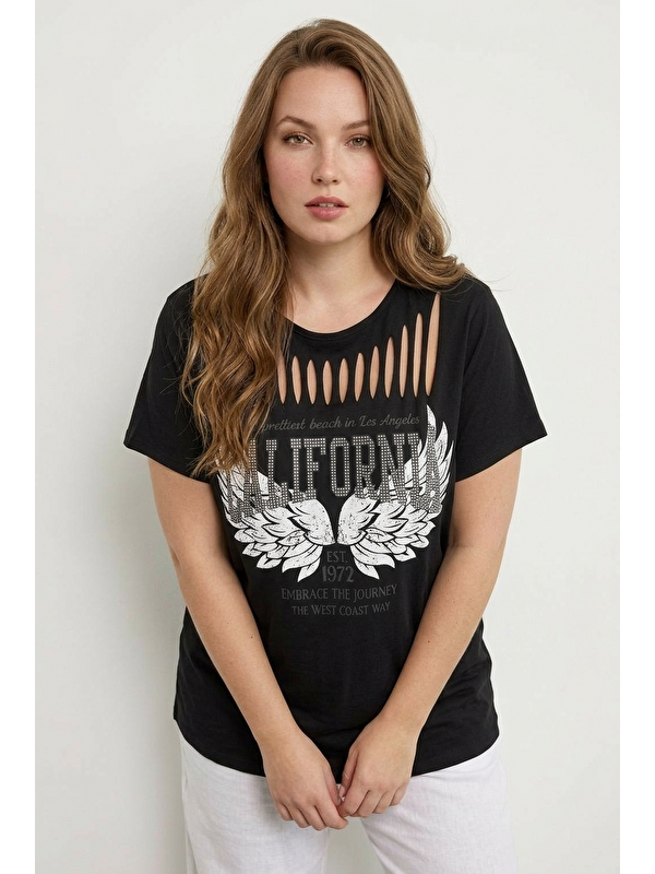 Stil Diva Bisiklet Yaka Kısa Kollu Kesik Detaylı Baskılı Esnek Kumaşlı T-shirt