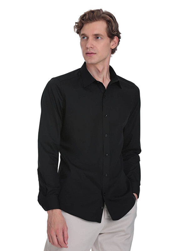 Hatemoğlu Siyah Slim Fit Slim Yaka Pamuklu Uzun Kollu Gömlek