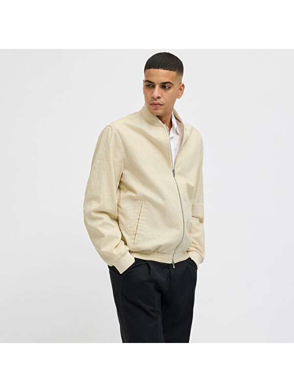 Jack & Jones Blaleister Linen Blend Bomber Erkek Bej Klasik Yaka Ceket