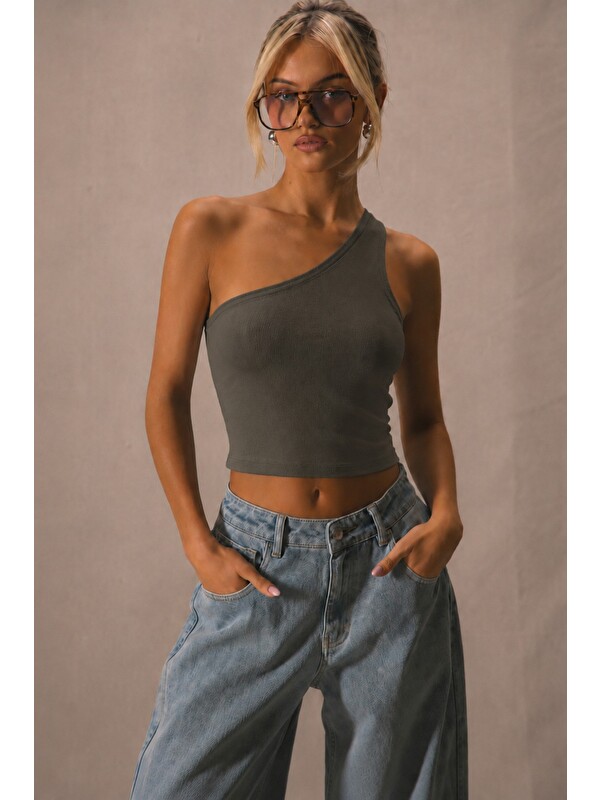 Tarz Cool Kadın Tek Omuz Crop Atlet Esnek Slim Fit Süprem Kumaş Asimetrik Yaka Bluz