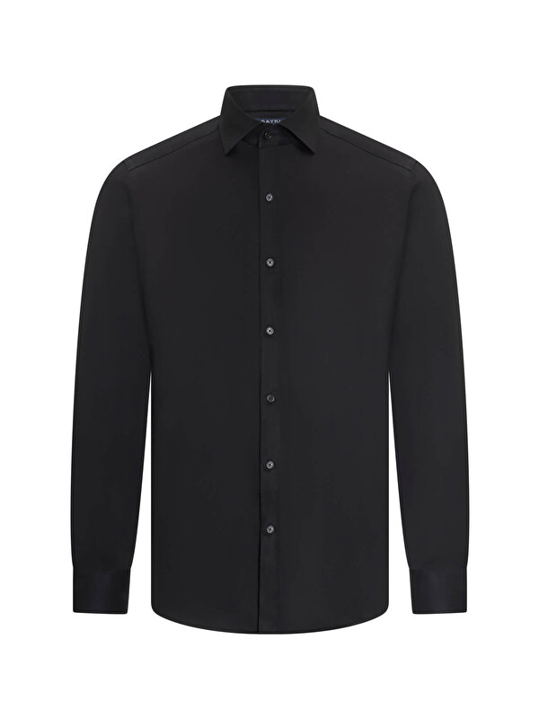 Hatemoğlu Siyah Slim Fit Açık İtalyan Yaka Uzun Kollu Saten Gömlek