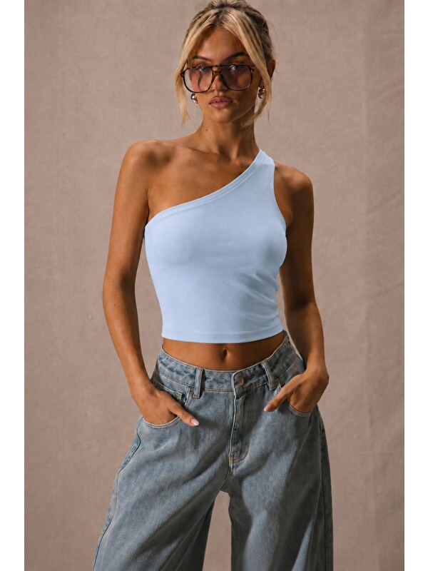 Tarz Cool Kadın Tek Omuz Crop Atlet Esnek Slim Fit Süprem Kumaş Asimetrik Yaka Bluz