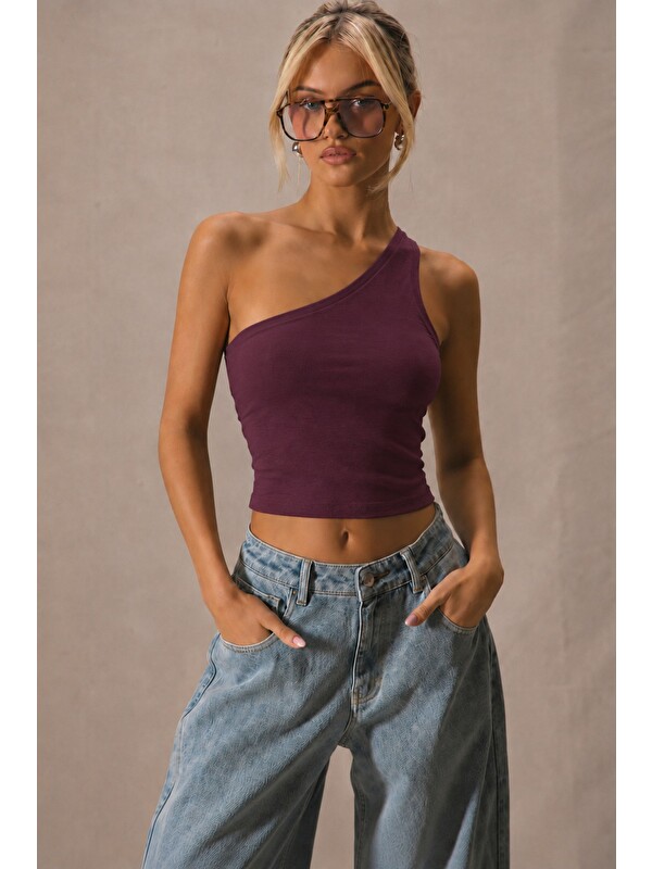 Tarz Cool Kadın Tek Omuz Crop Atlet Esnek Slim Fit Süprem Kumaş Asimetrik Yaka Bluz