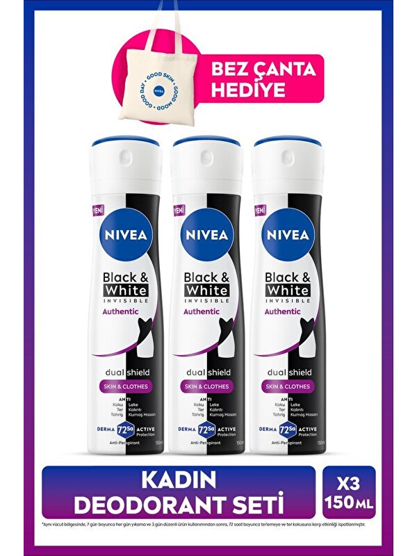 NIVEA Kadın Sprey Deodorant Black&White Authentic 150ml, Terleme Karşıtı, Alkolsüz, X3 Adet, Çanta Hediye