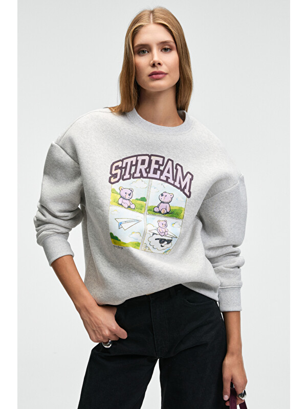 GRIMELANGE PROGRISTO Kadın Puff Baskı Detaylı Regular Fit GRİ MELANJ Sweatshirt
