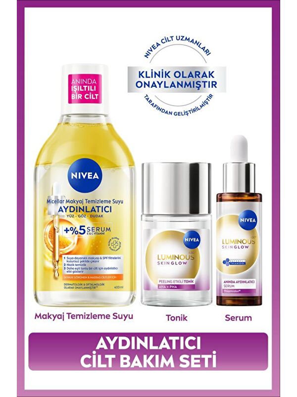 NIVEA Aydınlatıcı Cilt Bakım Seti, Nemlendirici Serum, Tonik, Micellar Makyaj Temizleme Suyu, C Vitamini,