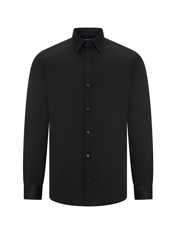 Hatemoğlu Siyah Slim Fit Açık İtalyan Yaka Uzun Kollu Saten Gömlek