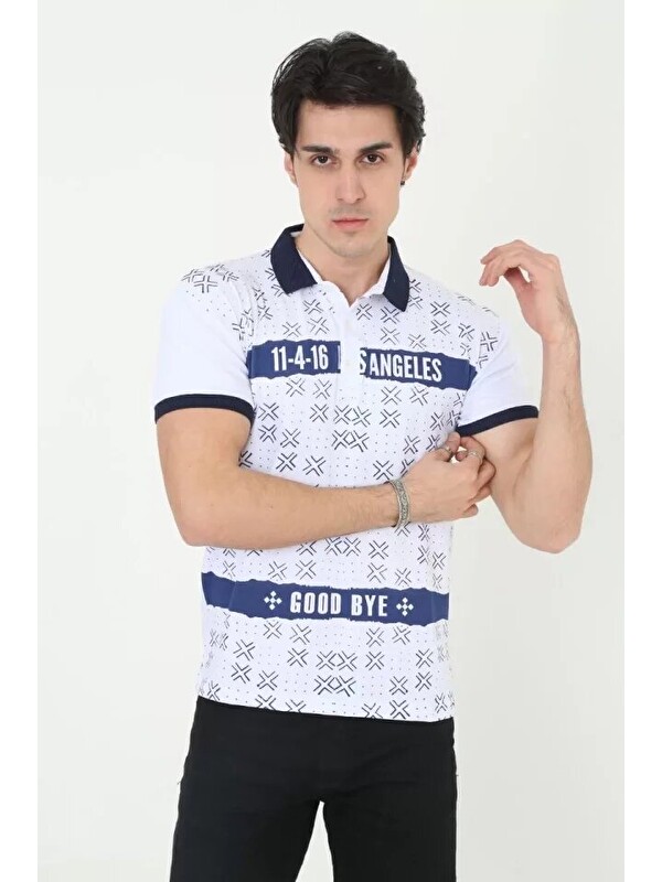 Jane's Erkek Yakalı Slim Fit Baskılı Tişört - Beyaz